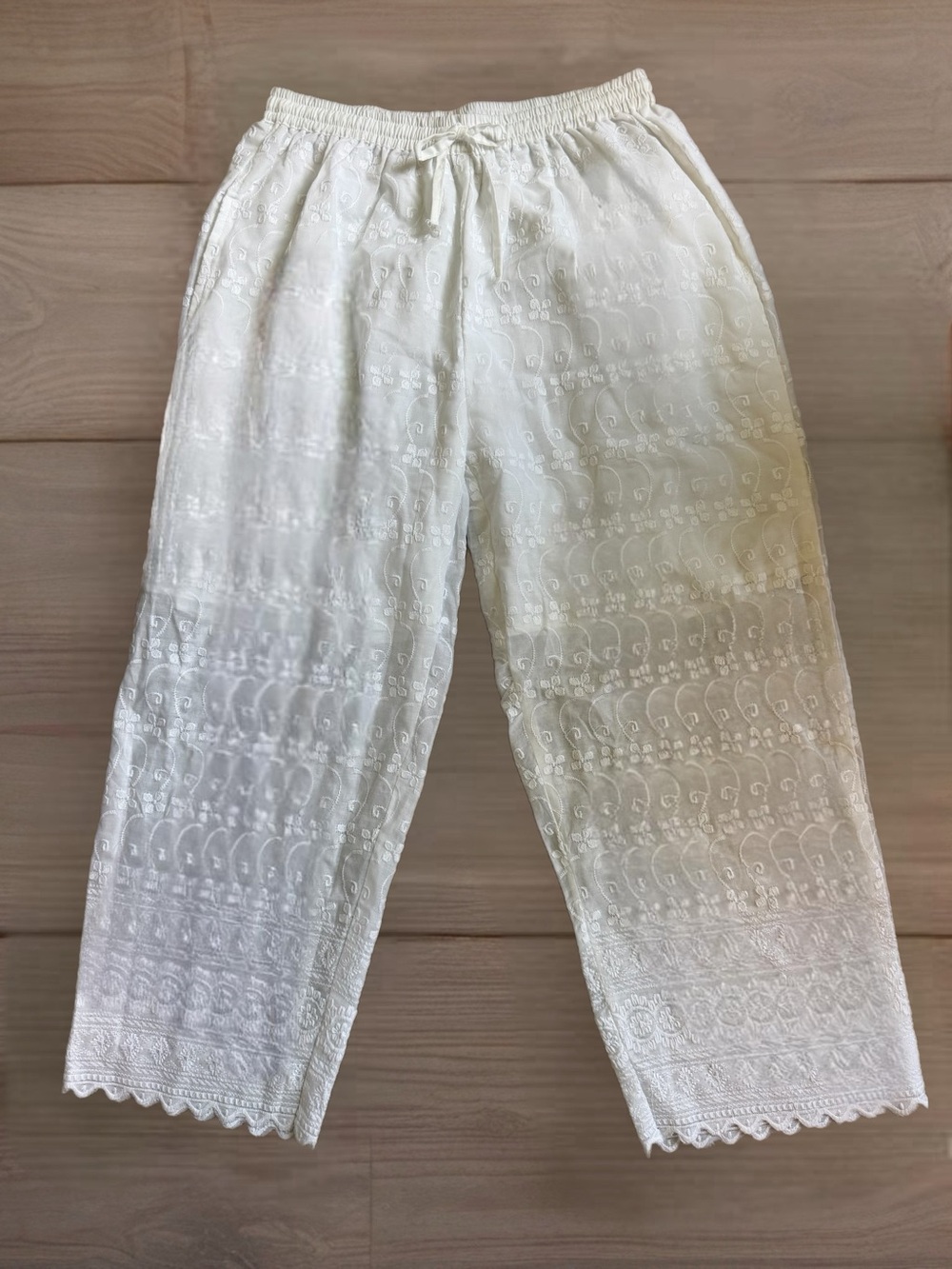 Women's White Embroidered Cotton Capris - Picture 2 of 5